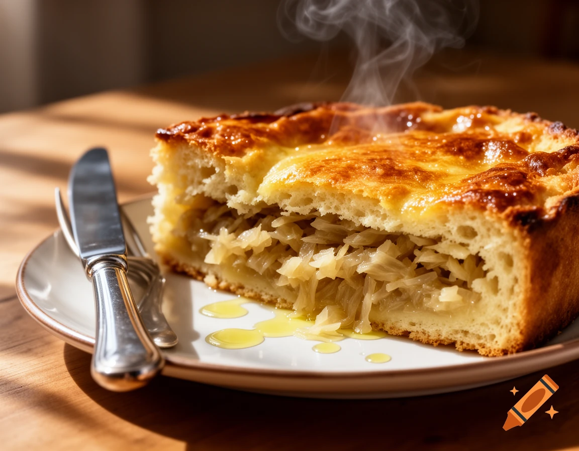 Close-up of a steaming slice of golden cabbage pie with oil droplets, cutlery, and plate on a wooden table, photorealistic.