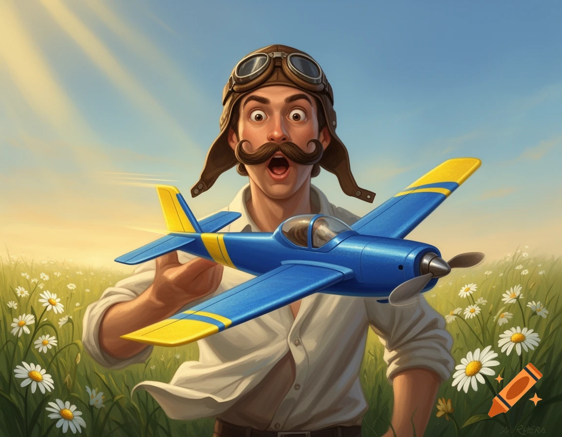 An illustration of a surprised man in a pilot's cap with a large mustache in a daisy field, as a blue and yellow model airplane flies towards him.