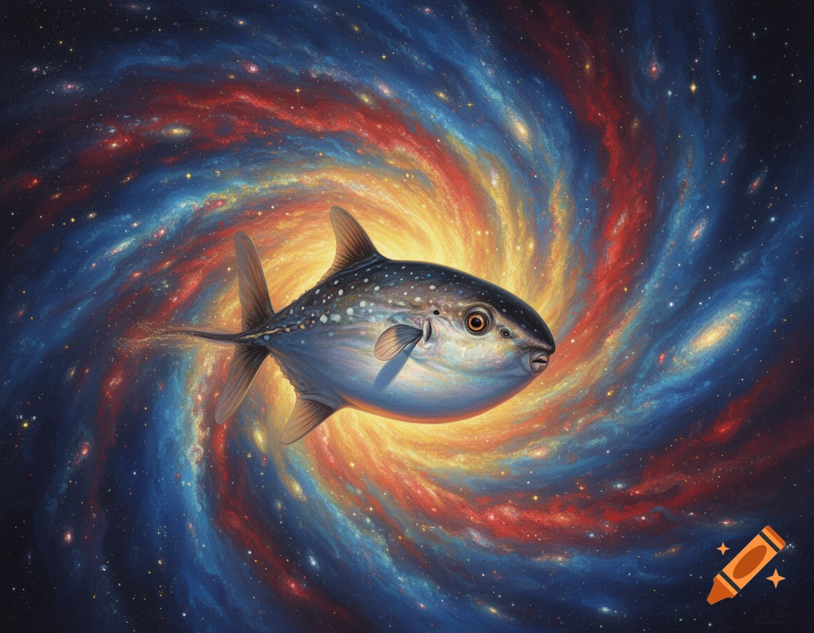 A moonfish swims through a vibrant, swirling cosmic galaxy of blue, red, and orange nebulae and stars, depicted in a painting.