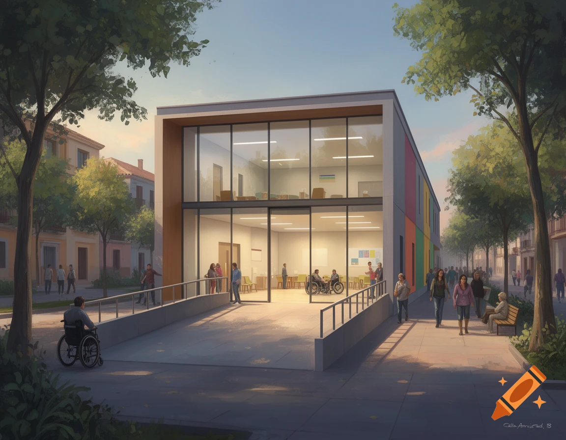 A modern community center with large glass windows and a ramp entrance, surrounded by trees and a street with people walking, in a painterly style.