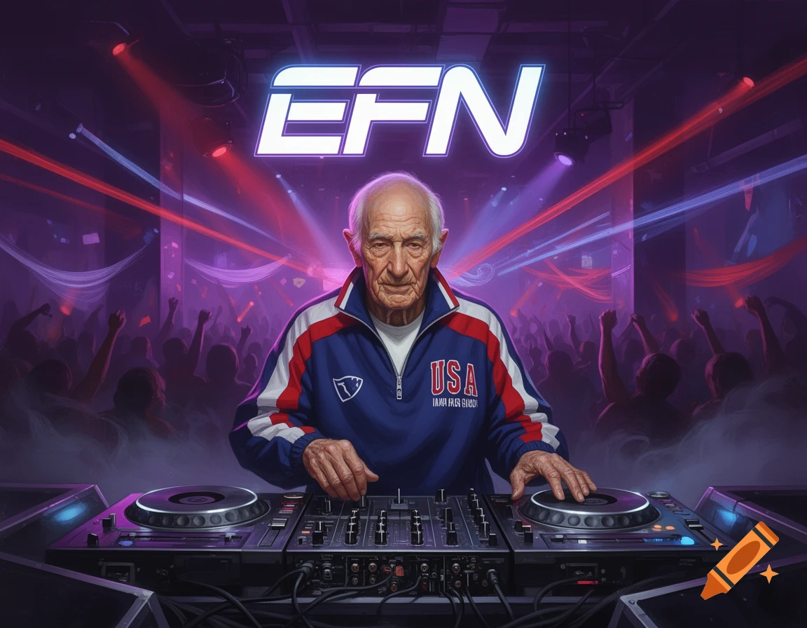 An old man DJing in a club with purple and red lights, wearing a blue and red USA jacket, with "EFN" glowing above his head.