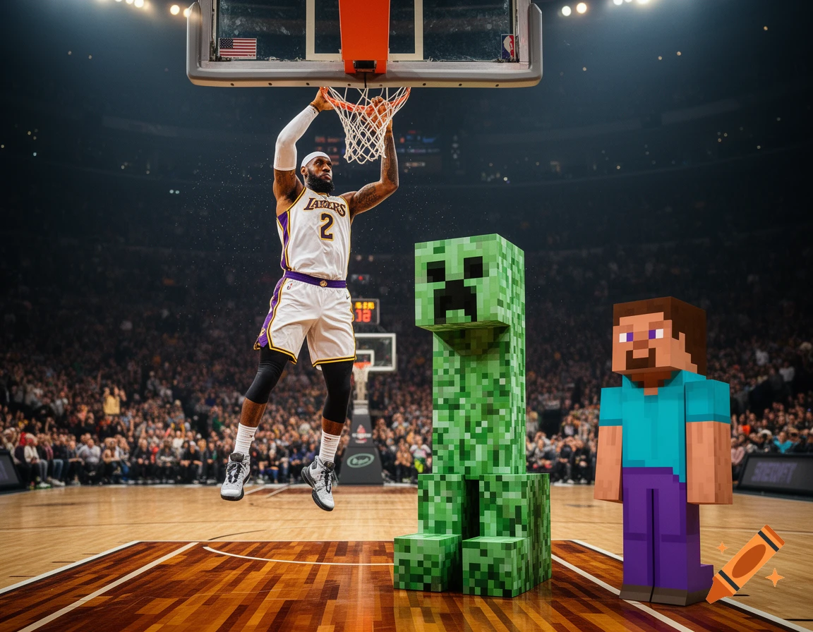 LeBron James dunks a basketball on a court with pixelated Minecraft characters, a Creeper and Steve, standing nearby.