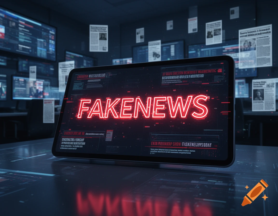 A tablet displaying "FAKENEWS" in red neon text on a dark screen, set in a dimly lit newsroom with multiple monitors and papers in the background.