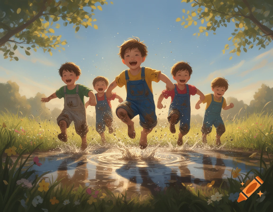 Five happy boys in colorful dungarees splash through a sunlit puddle in a grassy field, depicted in a painterly style.