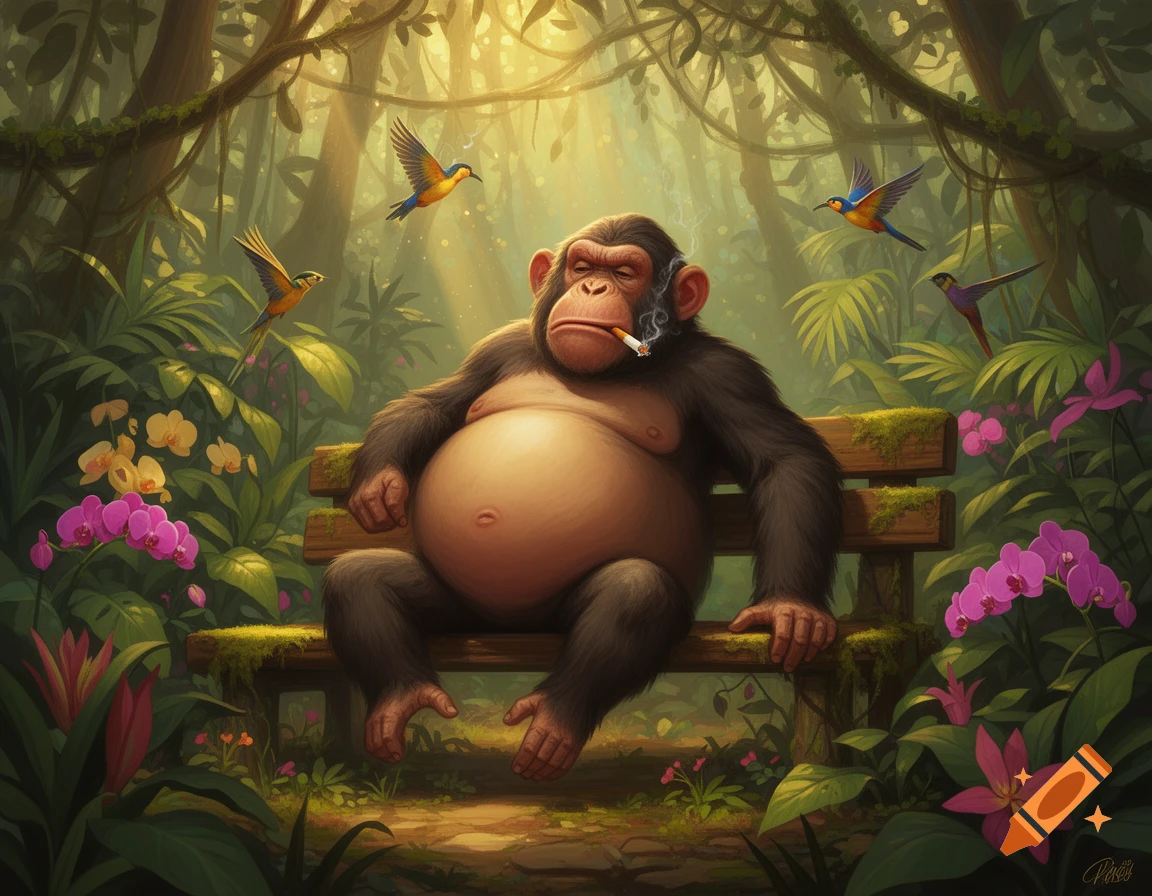 A cartoon chimpanzee with a large belly sits on a mossy bench in a lush jungle, smoking a cigarette, surrounded by exotic flowers and birds.
