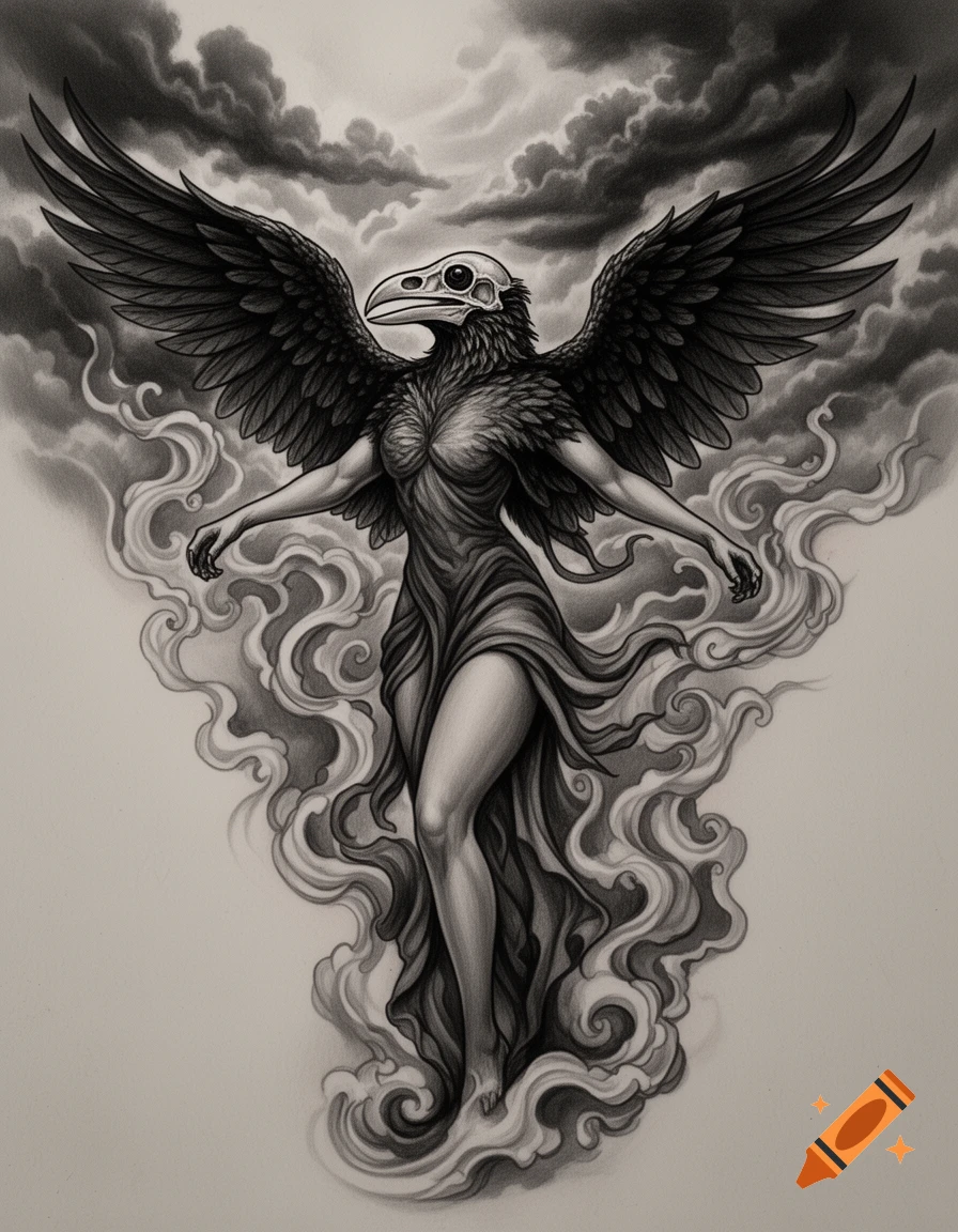 Grayscale tattoo art of a winged woman with a bird skull head rising from smoke against a cloudy sky.