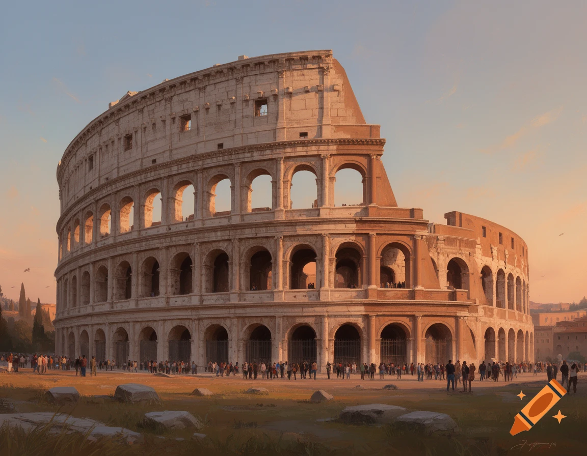 Photorealistic image of the ancient Roman Colosseum at sunset, with a crowd of people gathered around its base.