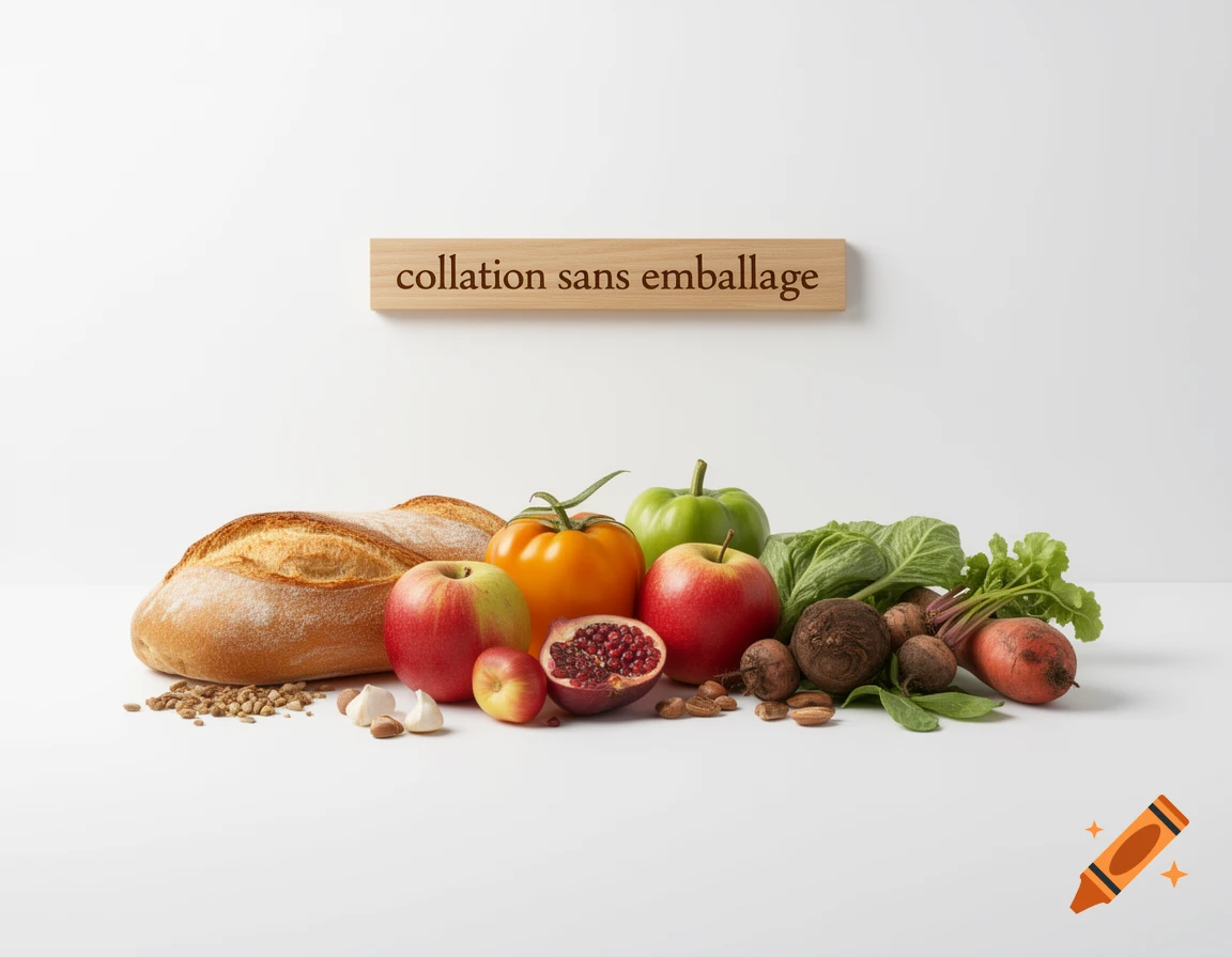 A still life arrangement of fresh fruits, vegetables, bread, and nuts under a wooden sign reading 'collation sans emballage' (snack without packaging) on a white background.