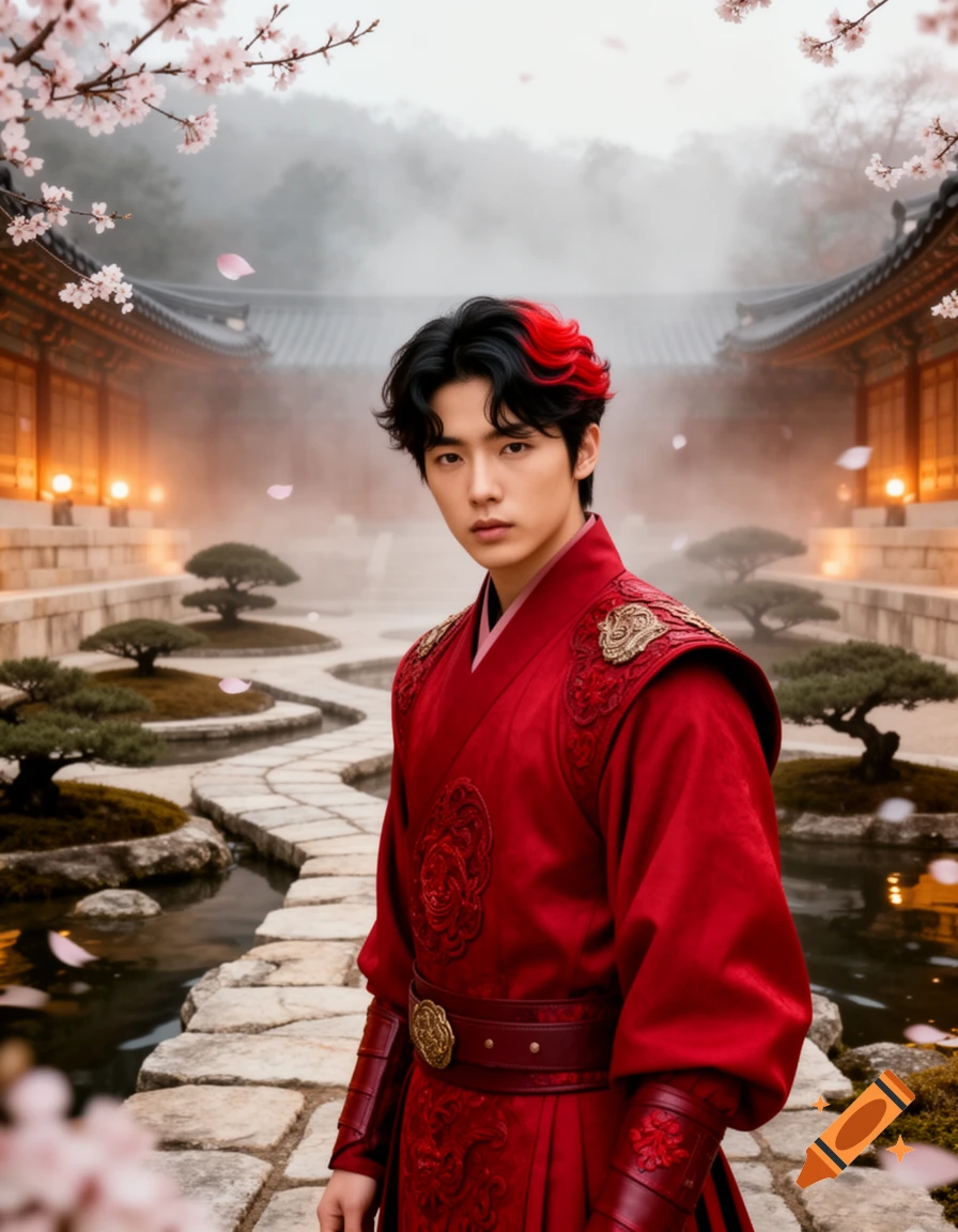 Young man in red traditional Korean attire with red highlights in his hair, standing in a misty temple garden with cherry blossoms.