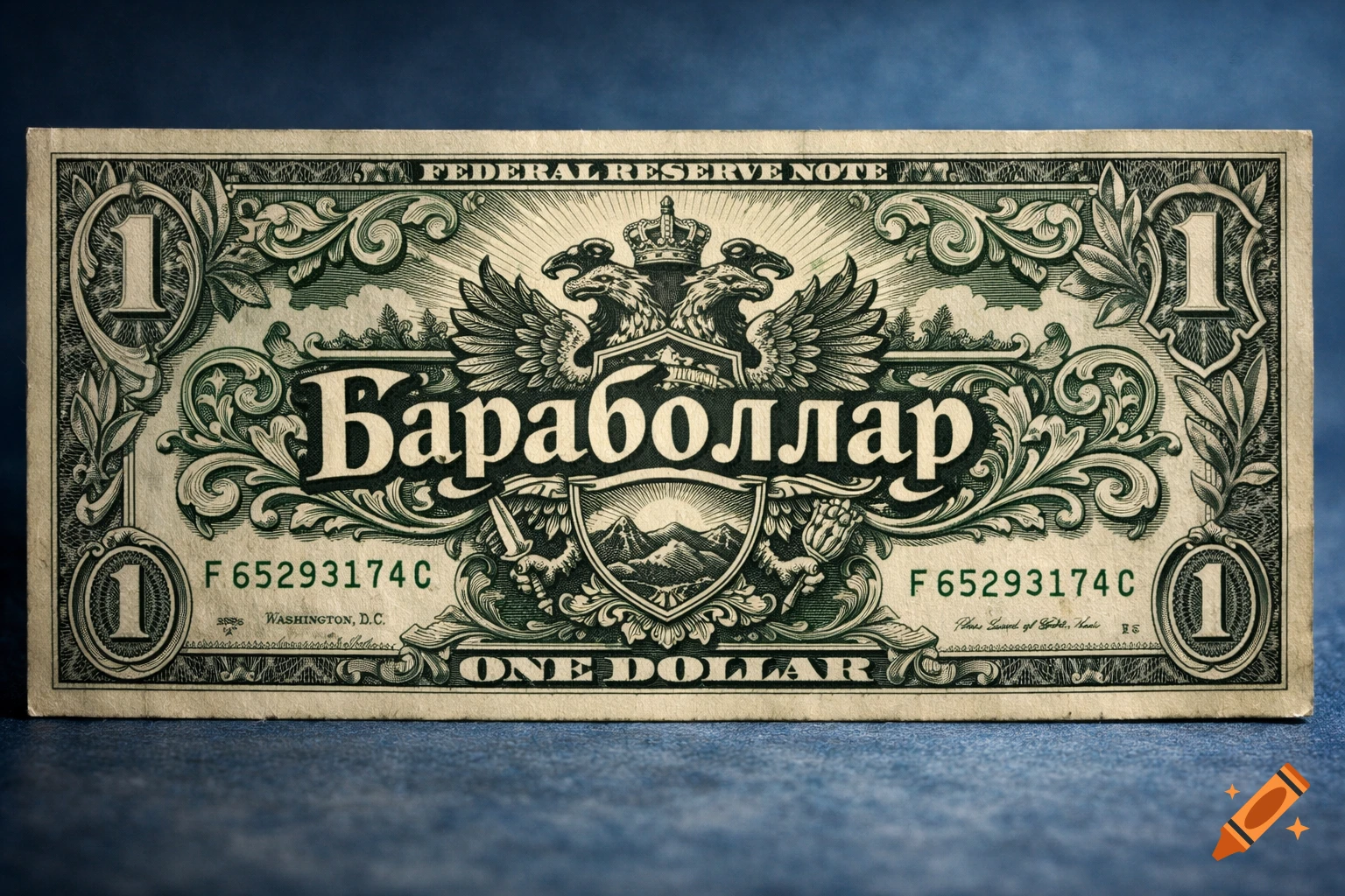 Close-up of a one-dollar bill with the word "Бараболлар" in a Slavic font prominently displayed in the center, replacing the usual country name.