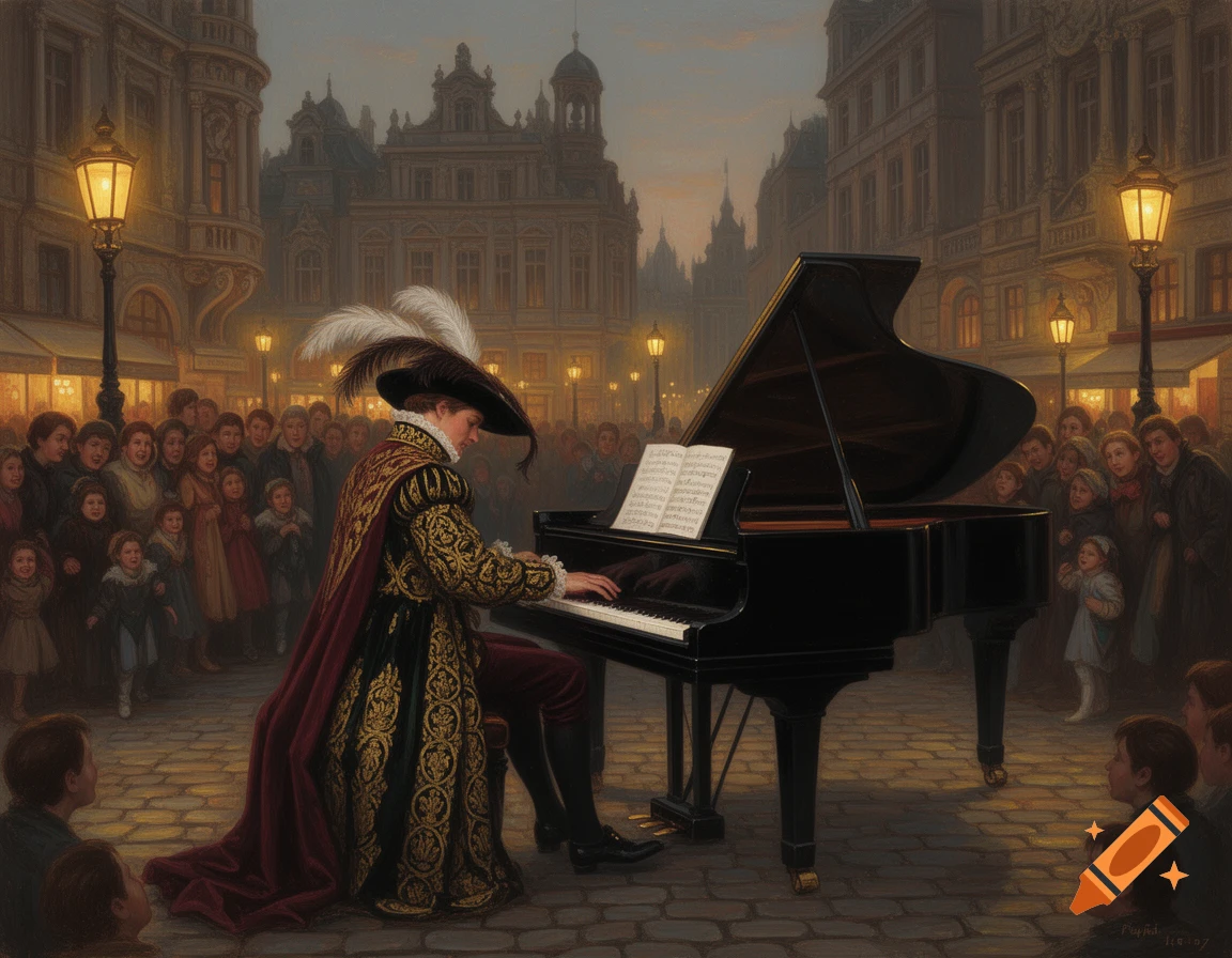 A person in an ornate renaissance costume plays a grand piano outdoors at dusk, surrounded by a crowd in a European city square.