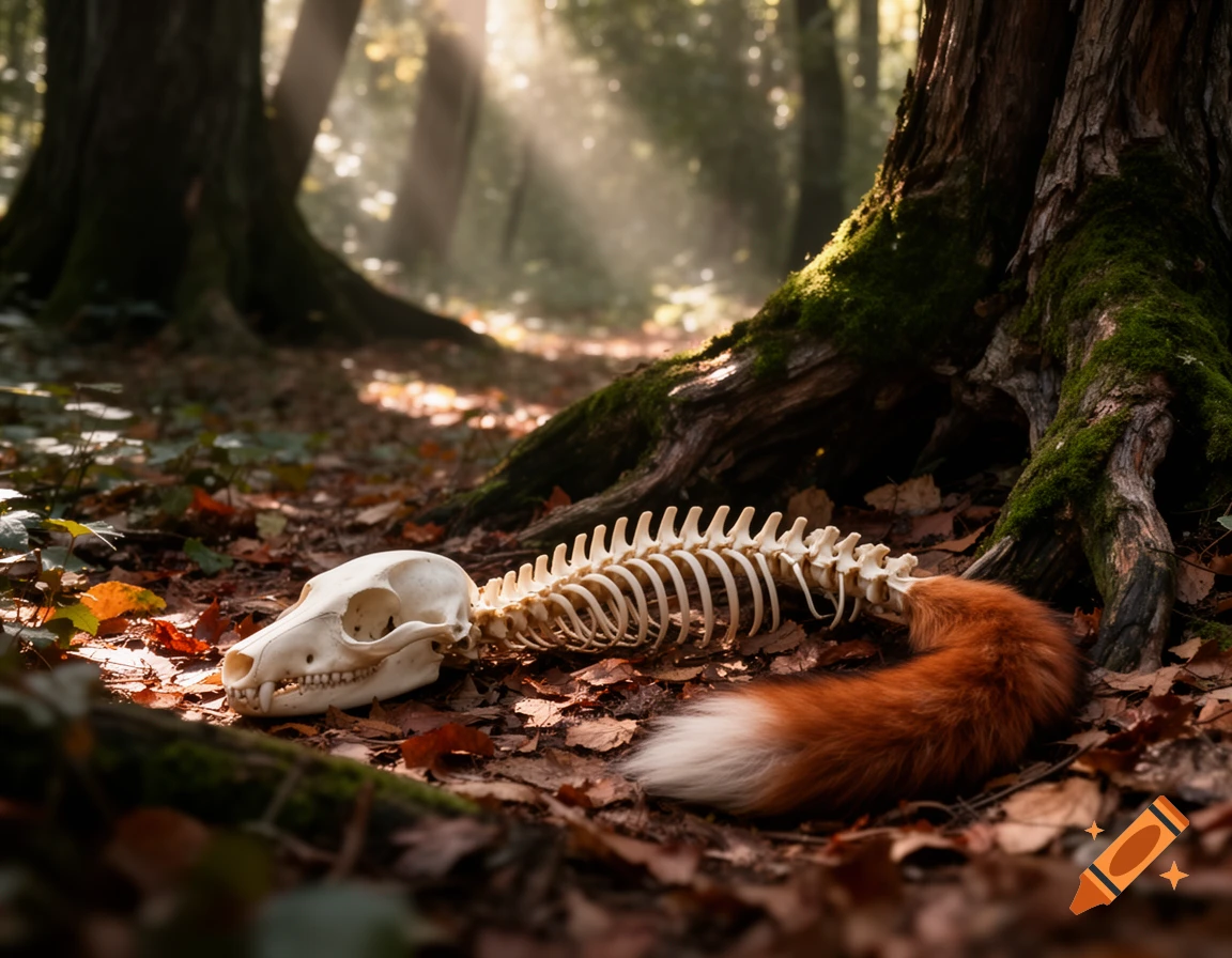 Photorealistic image of a fox skull, spine, and reddish-white tail lying on a bed of autumn leaves in a sunlit forest.