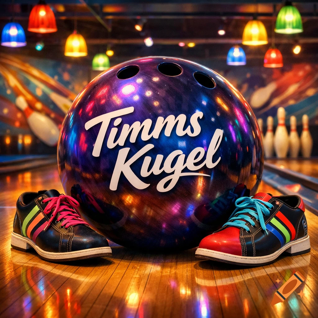 An oversized, shiny purple bowling ball with 'Timms Kugel' text, flanked by colorful bowling shoes on a wooden lane with pins and disco lights.