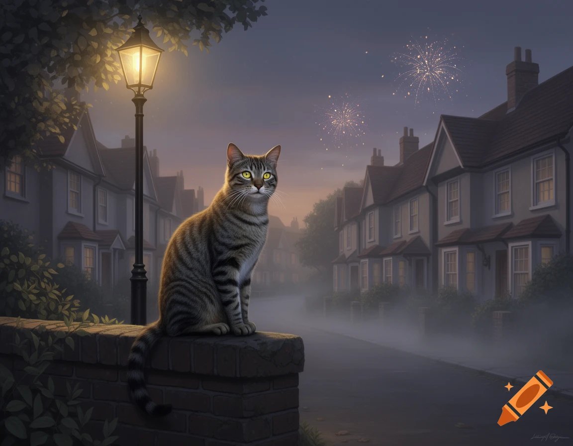 A tabby cat sits on a brick wall next to a streetlamp on a foggy evening street, with houses and fireworks in the background.