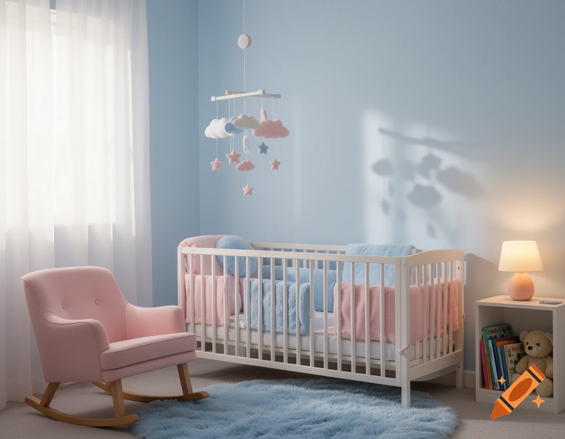 A photorealistic baby's bedroom featuring a white crib with blue and pink bedding, a pink rocking chair, and a cloud mobile, all in a blue room.