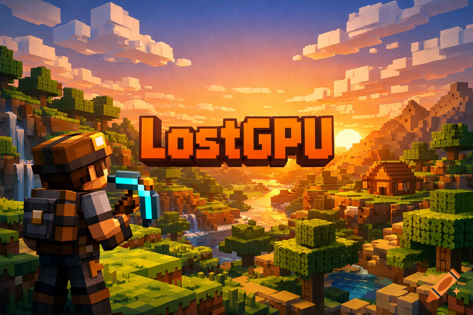 A blocky Minecraft-style landscape at sunset with orange text 'LostGPU', a character with a pickaxe, trees, rivers, and mountains.