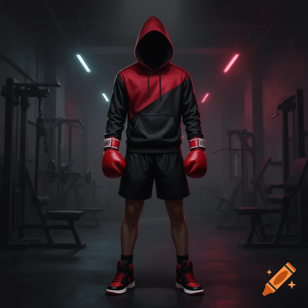 A boxer in a red and black hoodie, red boxing gloves, and black shorts stands in a dark gym with workout equipment.