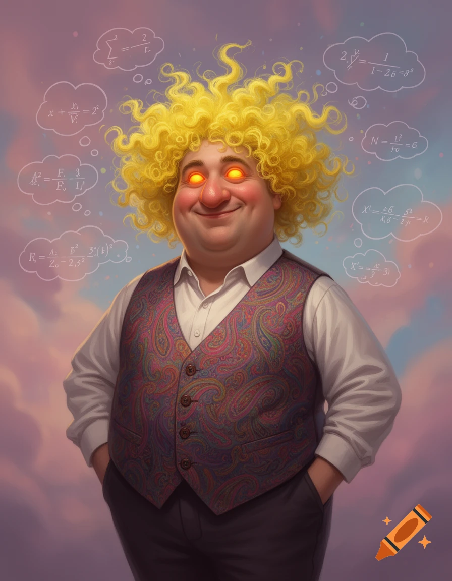 A cartoonish, stout man with bright yellow curly hair and glowing orange eyes smiles while surrounded by mathematical thought bubbles.