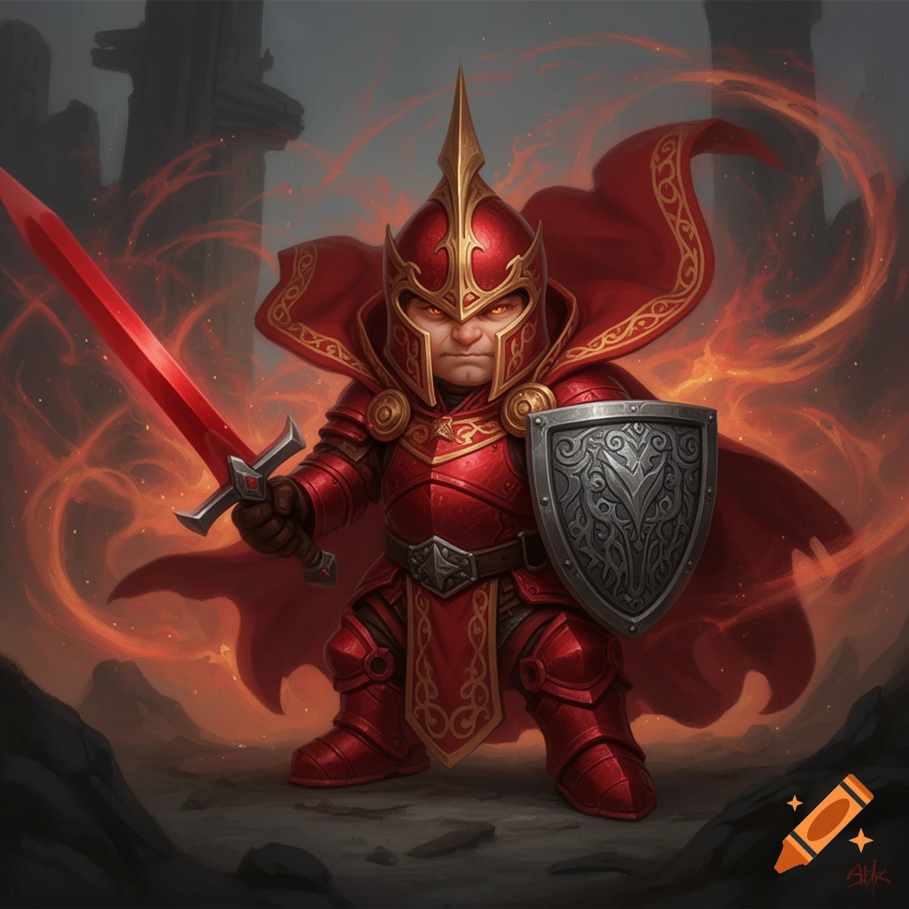 A gnome battlemage in red armor, a red cloak, holding a glowing red sword and shield, against a fiery backdrop.