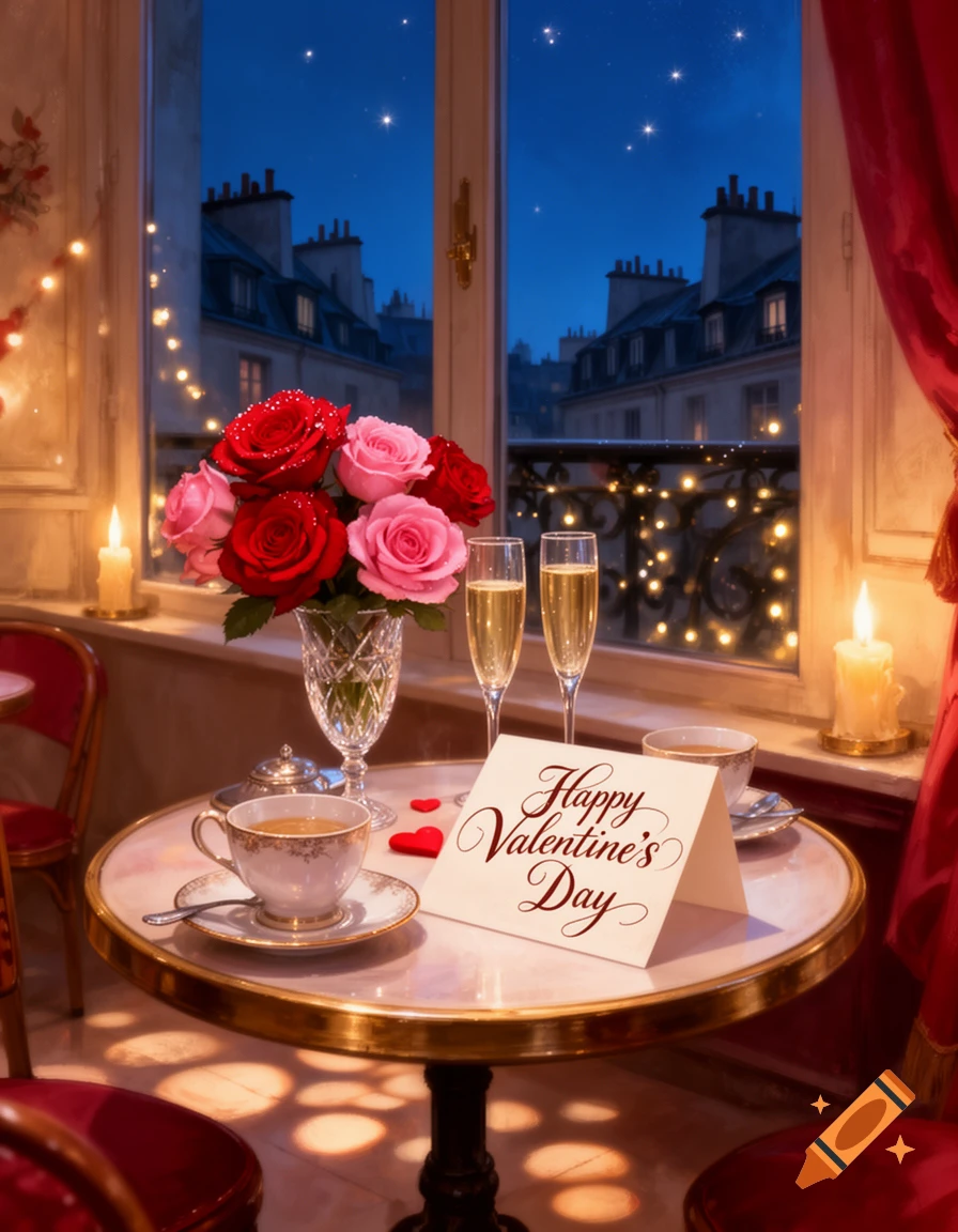 Romantic Valentine's Day table with roses, champagne, and a 'Happy Valentine's Day' card, overlooking a city at night.