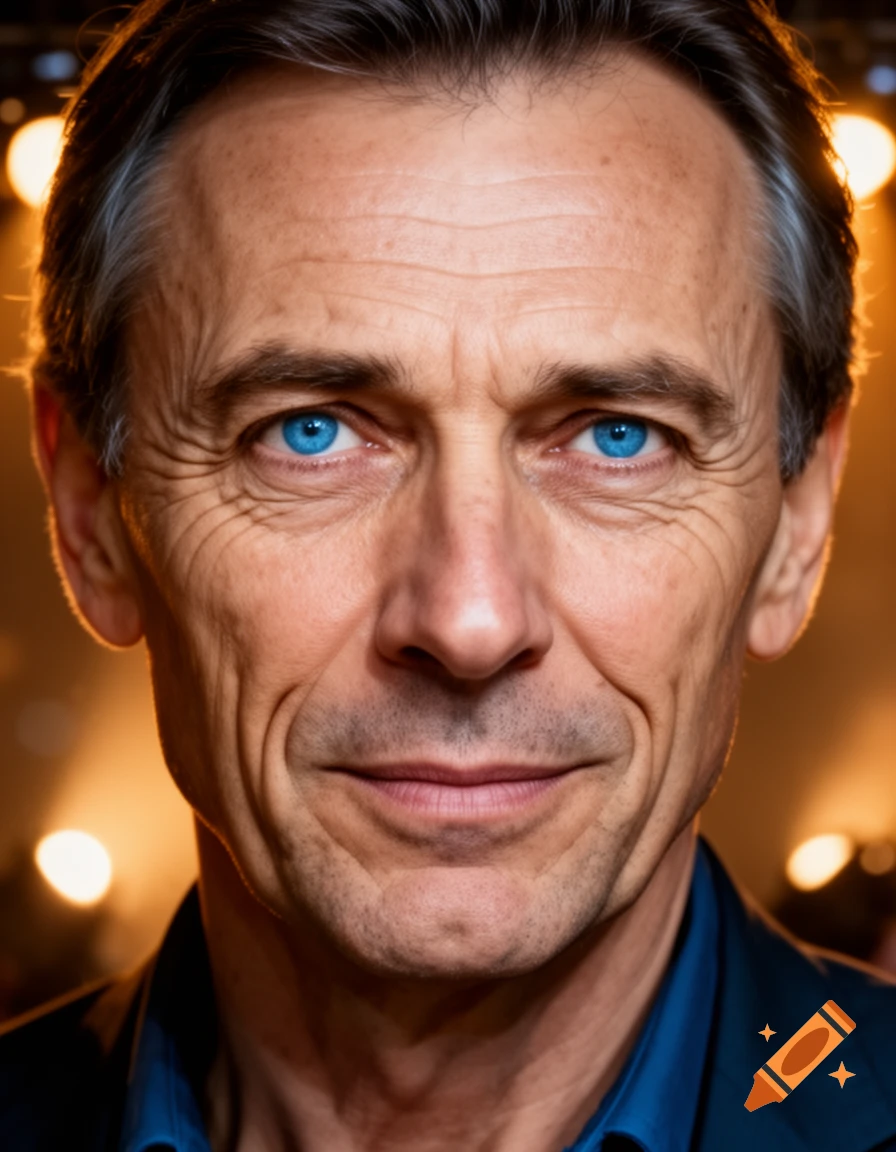 Close-up photorealistic portrait of an older man with intense blue eyes and a slight smile, against a blurred warm background.