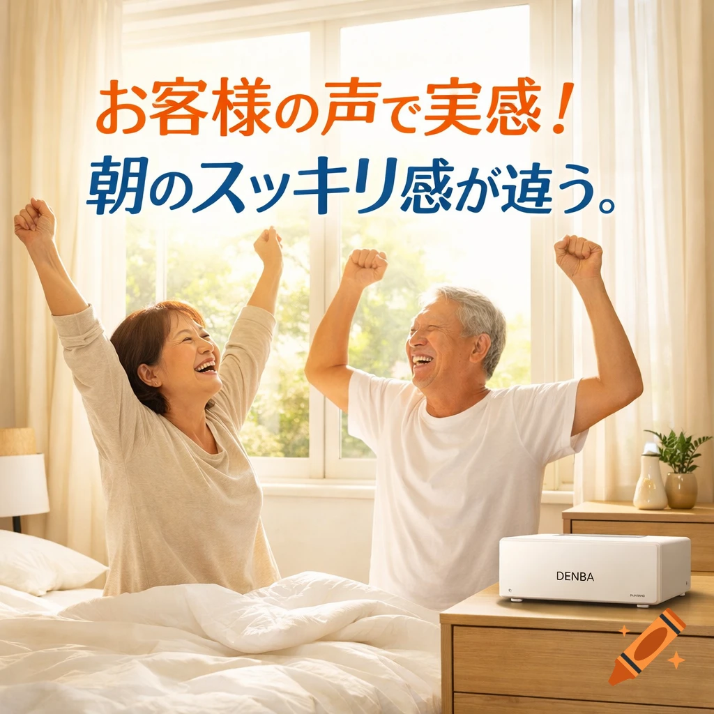 A senior couple stretches happily in a bright bedroom, smiling by a sunny window, with a white device on the nightstand and Japanese text overlay.
