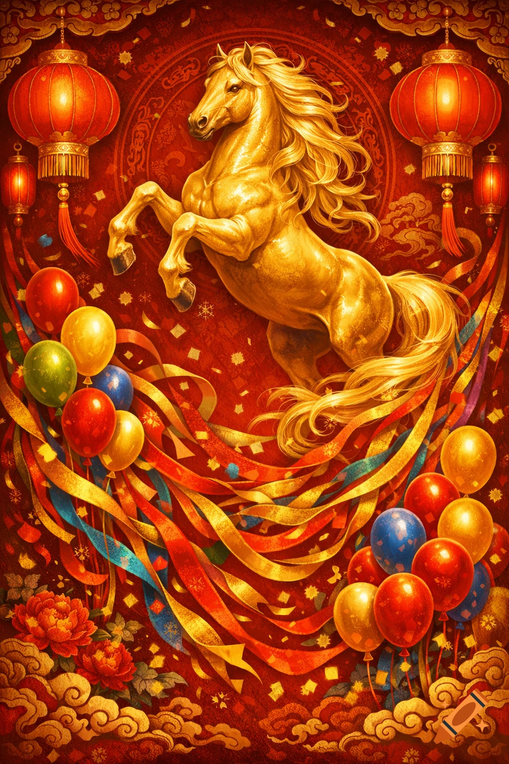 A vibrant Chinese New Year illustration featuring a golden horse rearing amidst red lanterns, colorful balloons, and flowing ribbons on a rich red background.