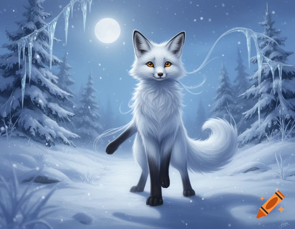 A fluffy white arctic fox with orange eyes stands in a snowy forest at ...