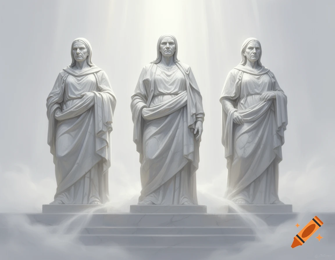 Three white stone statues of solemn women in draped robes stand on a platform with mist and light rays from above.