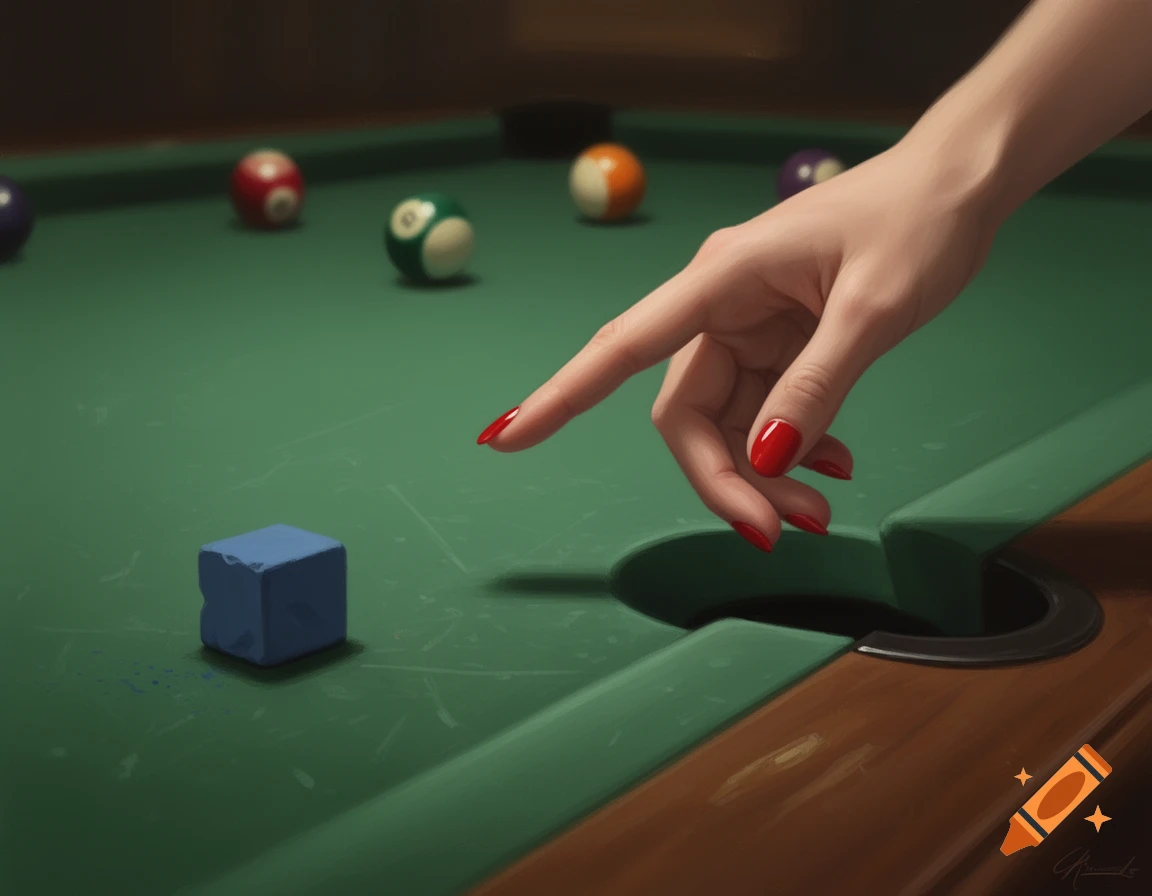 A human hand with red fingernails points towards a pocket on a green pool table, next to a blue cube of chalk. Several billiard balls are scattered on the table.