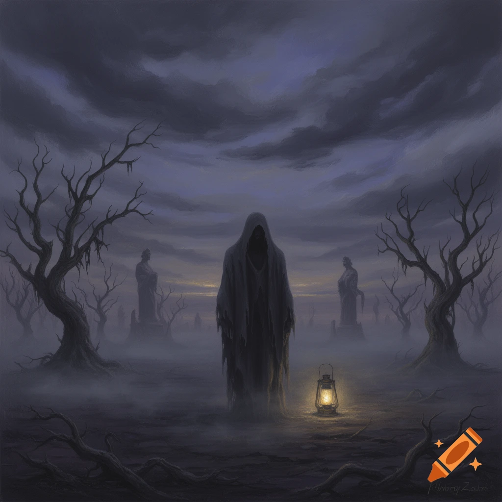 A hooded figure with a lantern stands in a dark, foggy graveyard with bare trees and statues, in a gothic painting style.