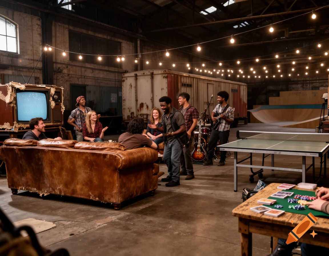 Friends socialize in a rustic warehouse party with string lights, a leather couch, old TV, band, card game, and ping-pong table.