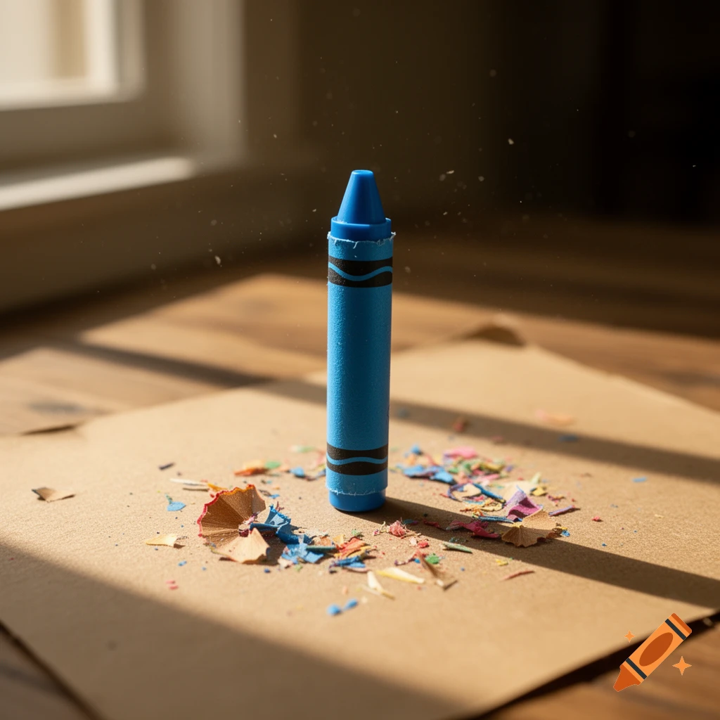 A blue crayon stands upright on a brown paper with colorful crayon shavings scattered around it, lit by sunlight.