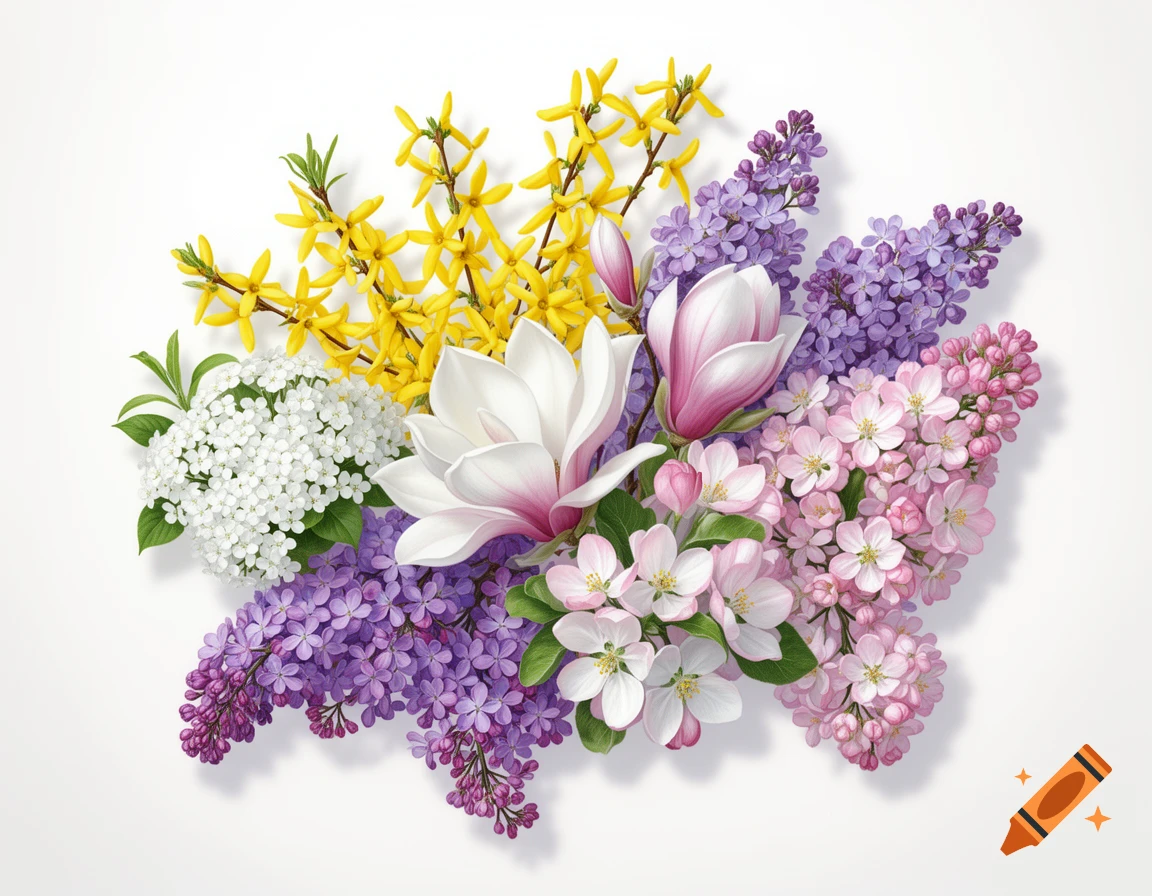 A vibrant floral arrangement featuring white magnolias, yellow forsythia, purple and pink lilac, and pink apple blossoms on a white background.