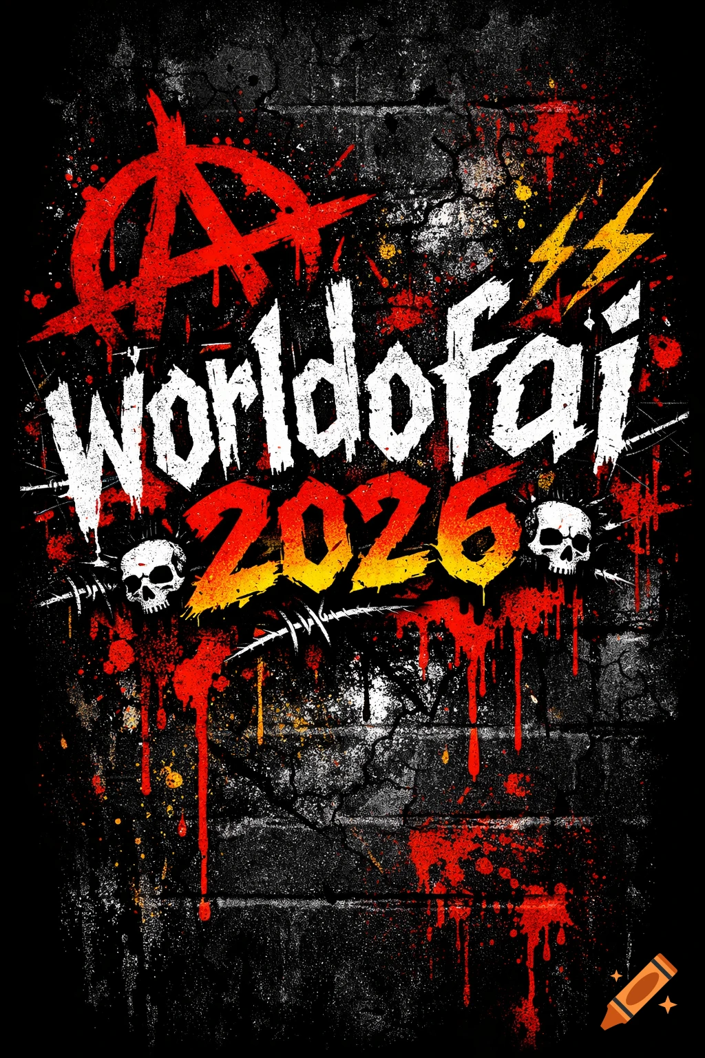 Distressed punk rock logo with red anarchy symbol, 'Worldofai 2026' in white and yellow, skulls, lightning, and blood splatters on a dark wall.