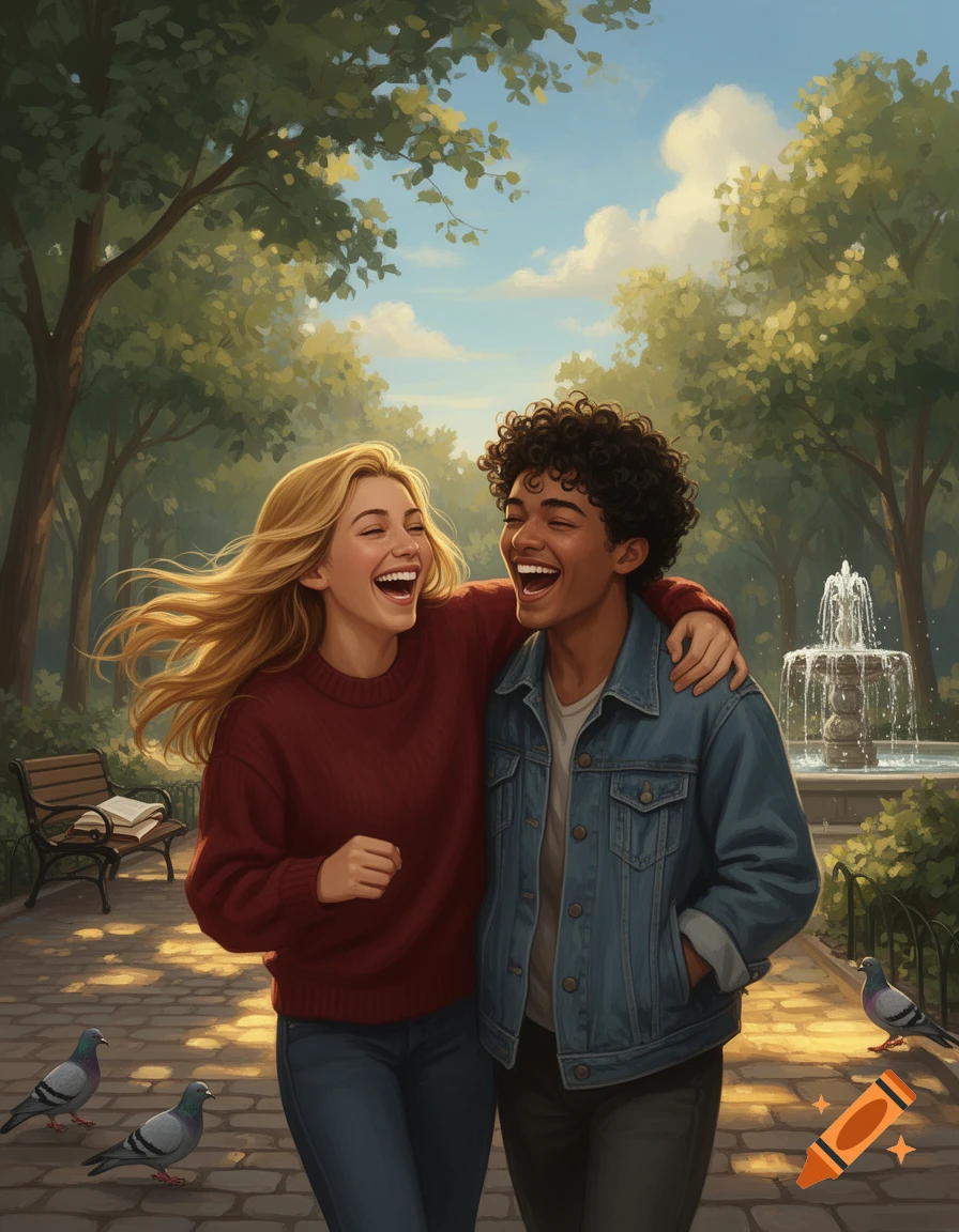 Two joyful friends, a man and a woman, walk arm-in-arm through a sunny park with trees, a fountain, and pigeons. Illustrated.