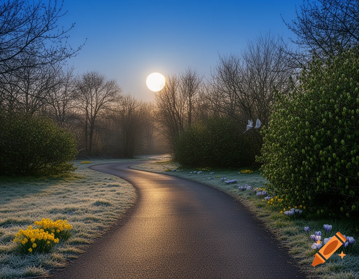 A winding asphalt path reflects a bright morning sun in a frosty landscape with bare trees and blooming spring flowers.