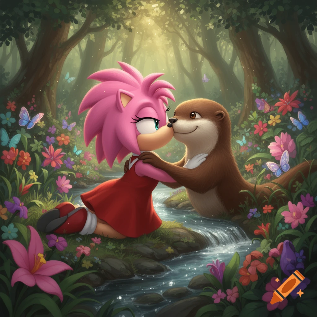 Amy Rose and an otter nose-to-nose by a stream in an enchanted forest, surrounded by colorful flowers and butterflies, animated style.