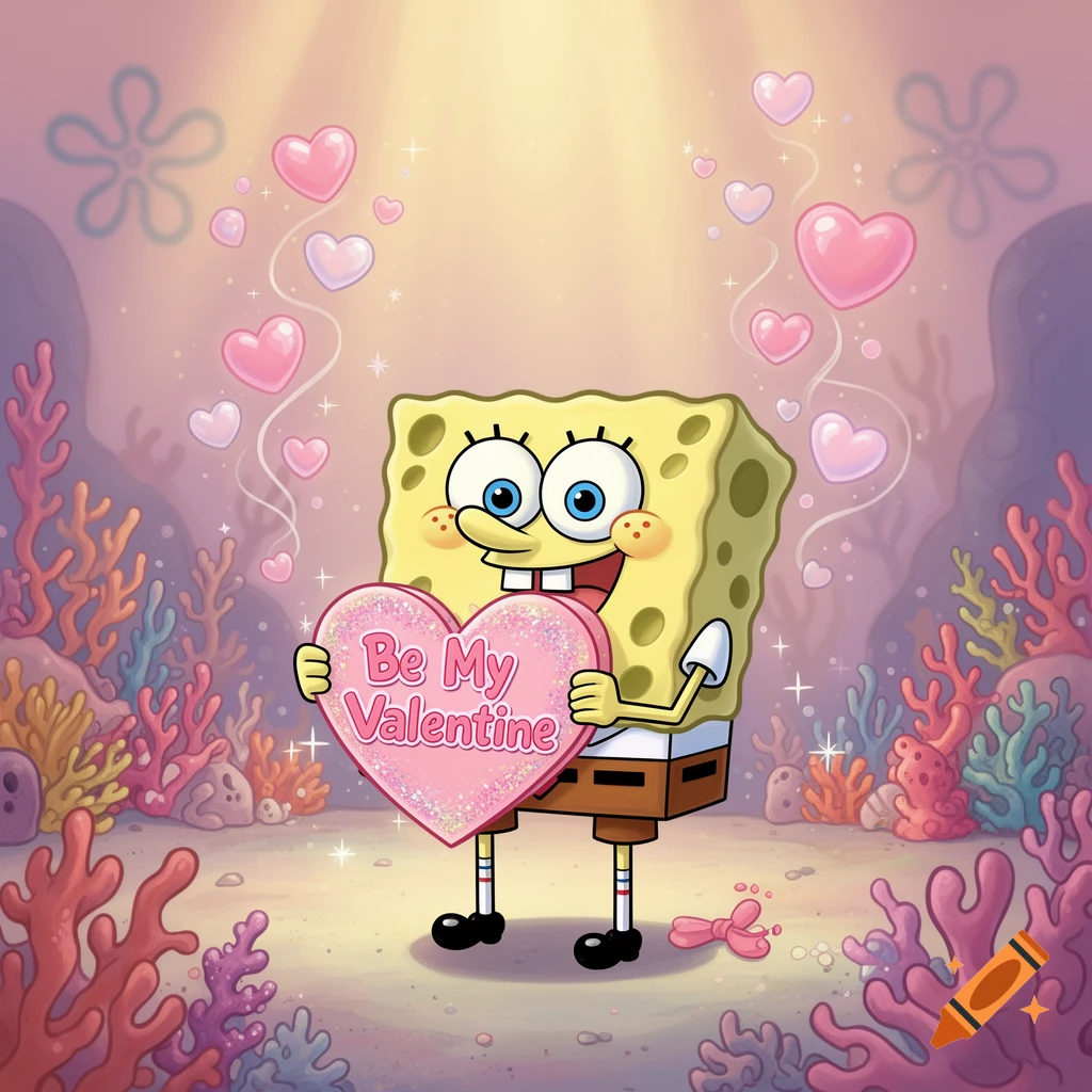 Spongebob SquarePants holding a pink heart candy that reads "Be My Valentine" in a cheerful underwater scene with coral.