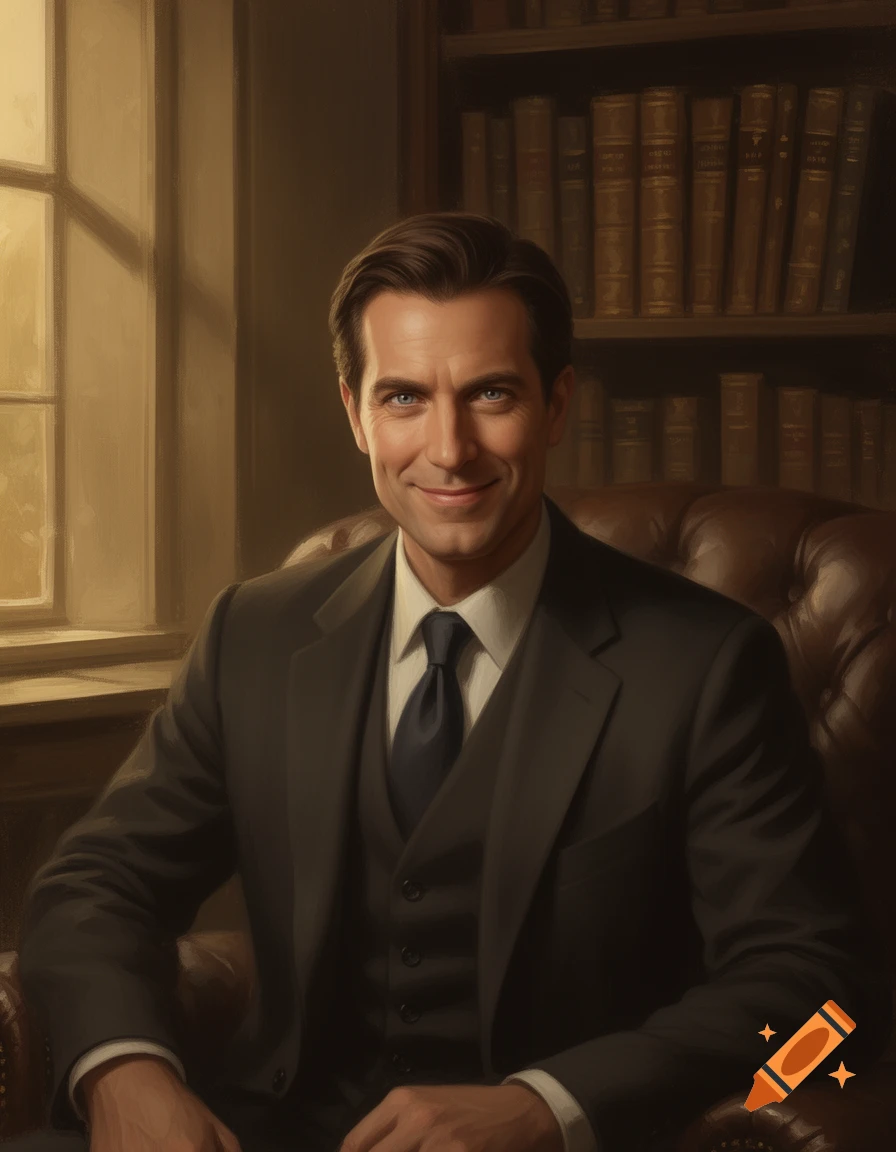A smiling man with brown hair and blue eyes, wearing a dark suit, sitting in a leather armchair in a library.