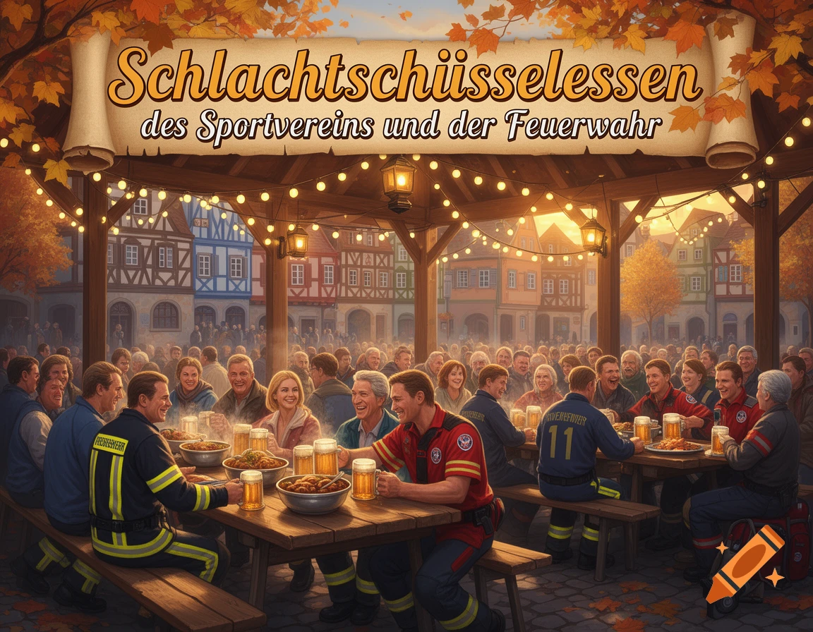 People, including firefighters, enjoy a festive outdoor meal with beer at long wooden tables under string lights in a lively town square.