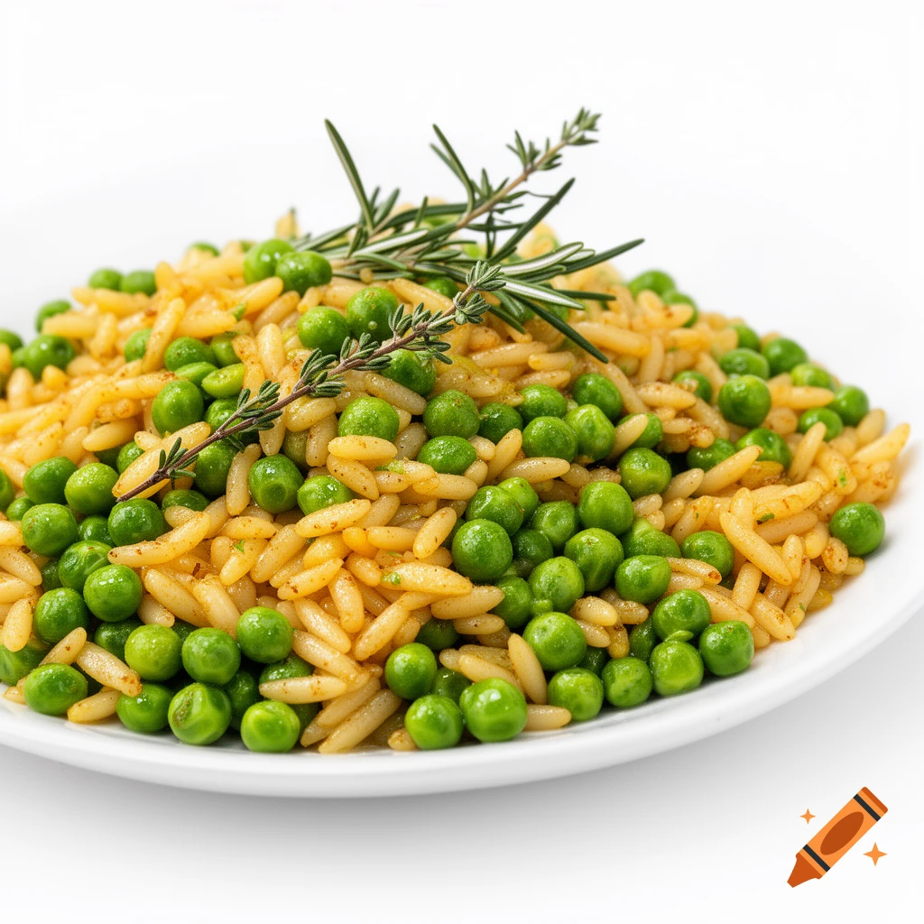 Photorealistic close-up of orzo pasta and green peas garnished with fresh rosemary on a white plate with a white background.