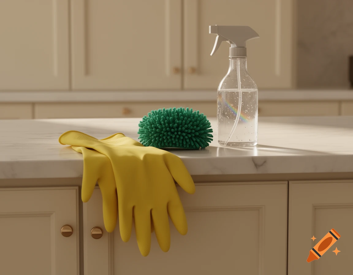 Yellow rubber gloves, a green scrubber, and a spray bottle on a marble kitchen counter in front of beige cabinets.