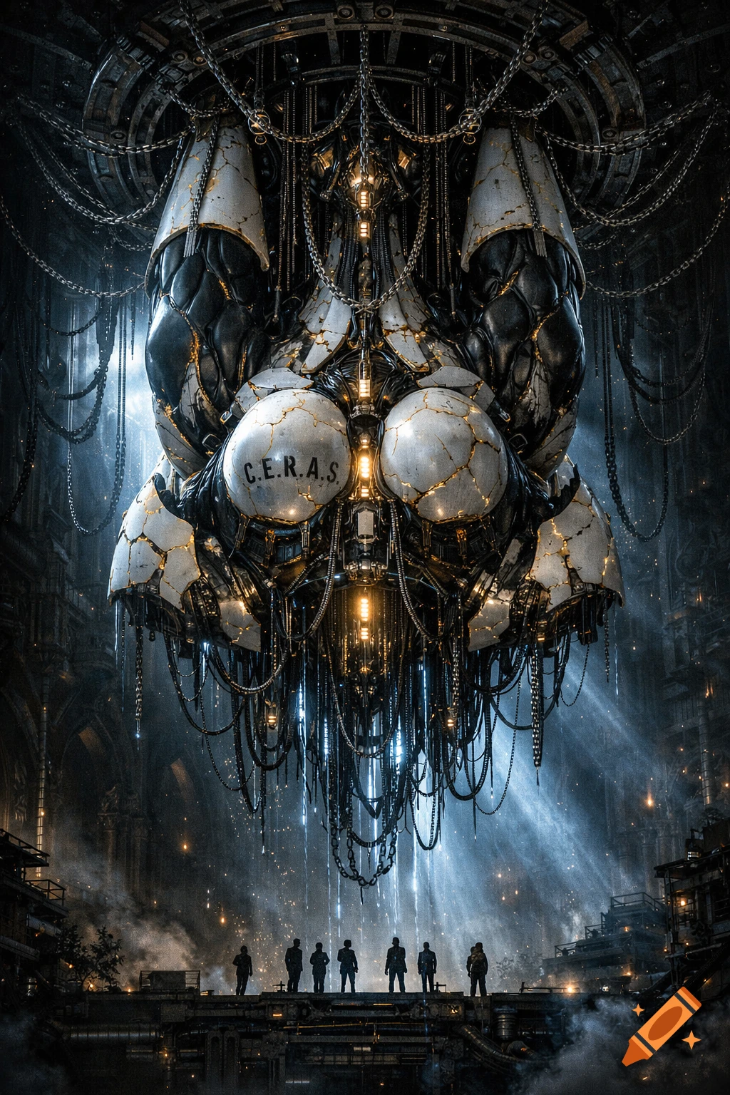 Machine Deity A colossal, inverted biomechanical machine deity with a cracked ceramic ...