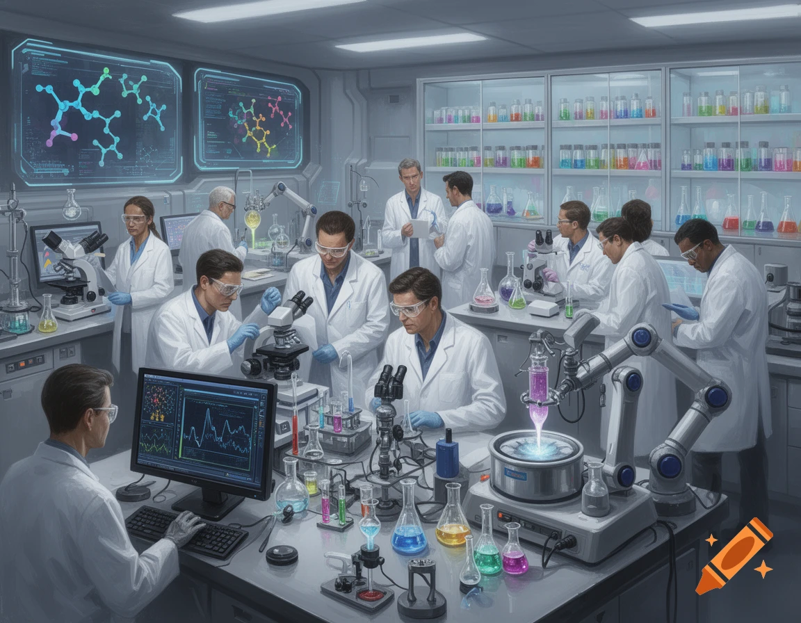 Scientists in white lab coats and safety glasses work with high-tech equipment, microscopes, and colorful chemicals in a modern research laboratory. Screens display molecular structures and data.