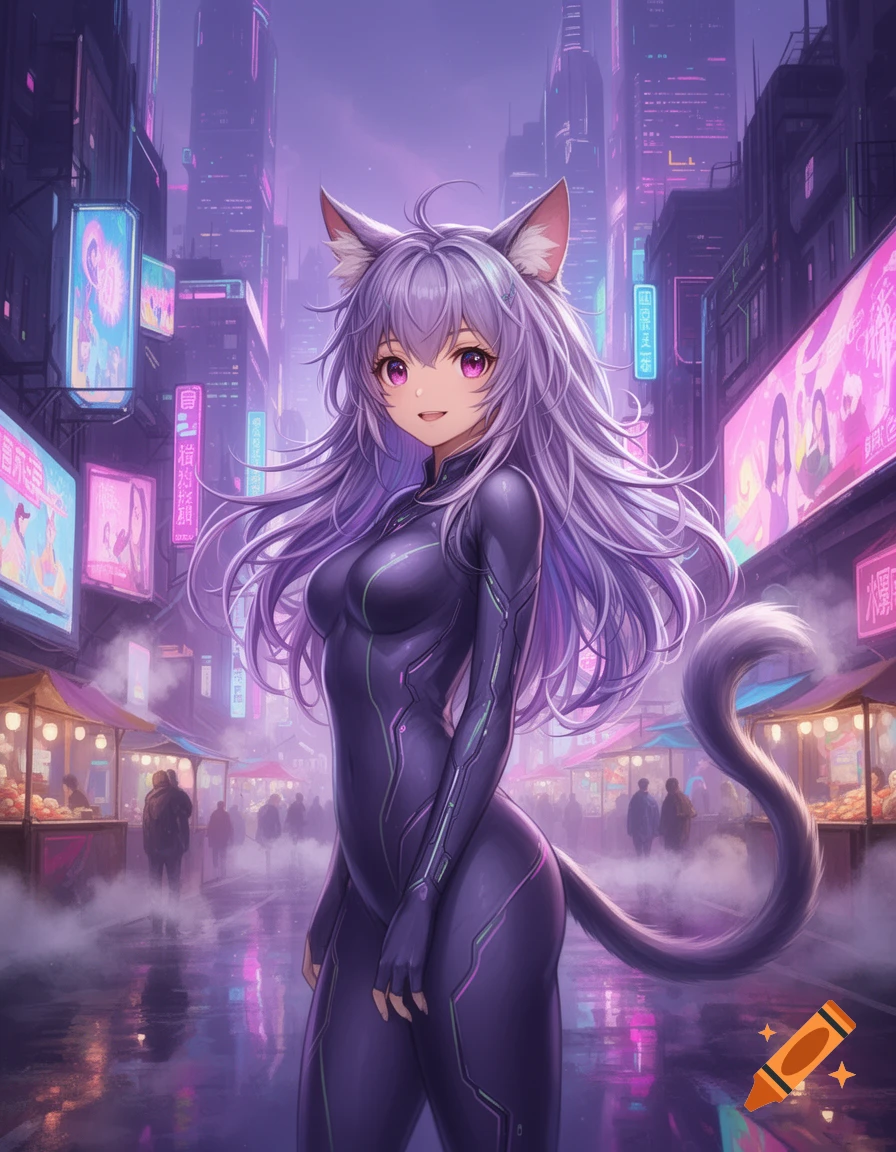 An anime cat girl with long purple hair, pink eyes, and a tight black suit stands in a neon-lit cyberpunk city street market.