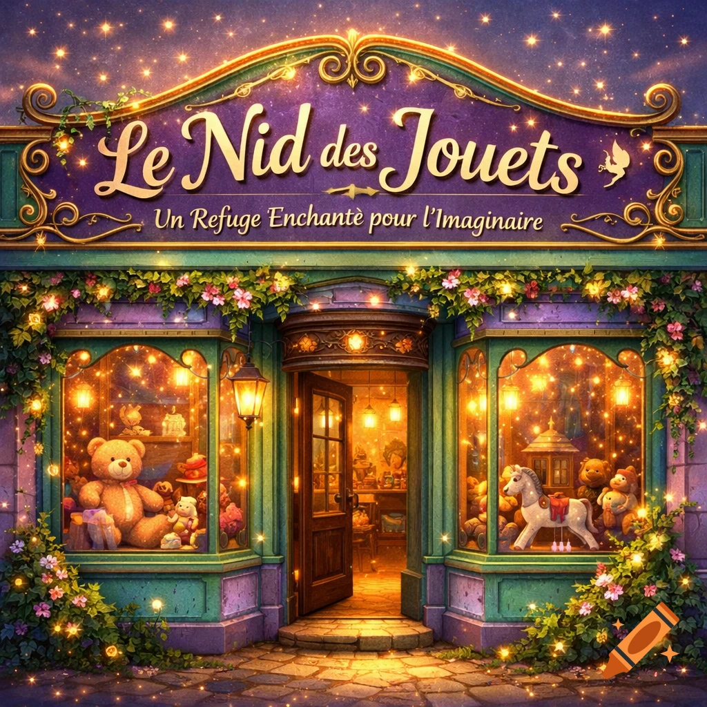A whimsical, magical toy shop facade at night, adorned with glowing lights, flowers, and vines, under a starry sky.