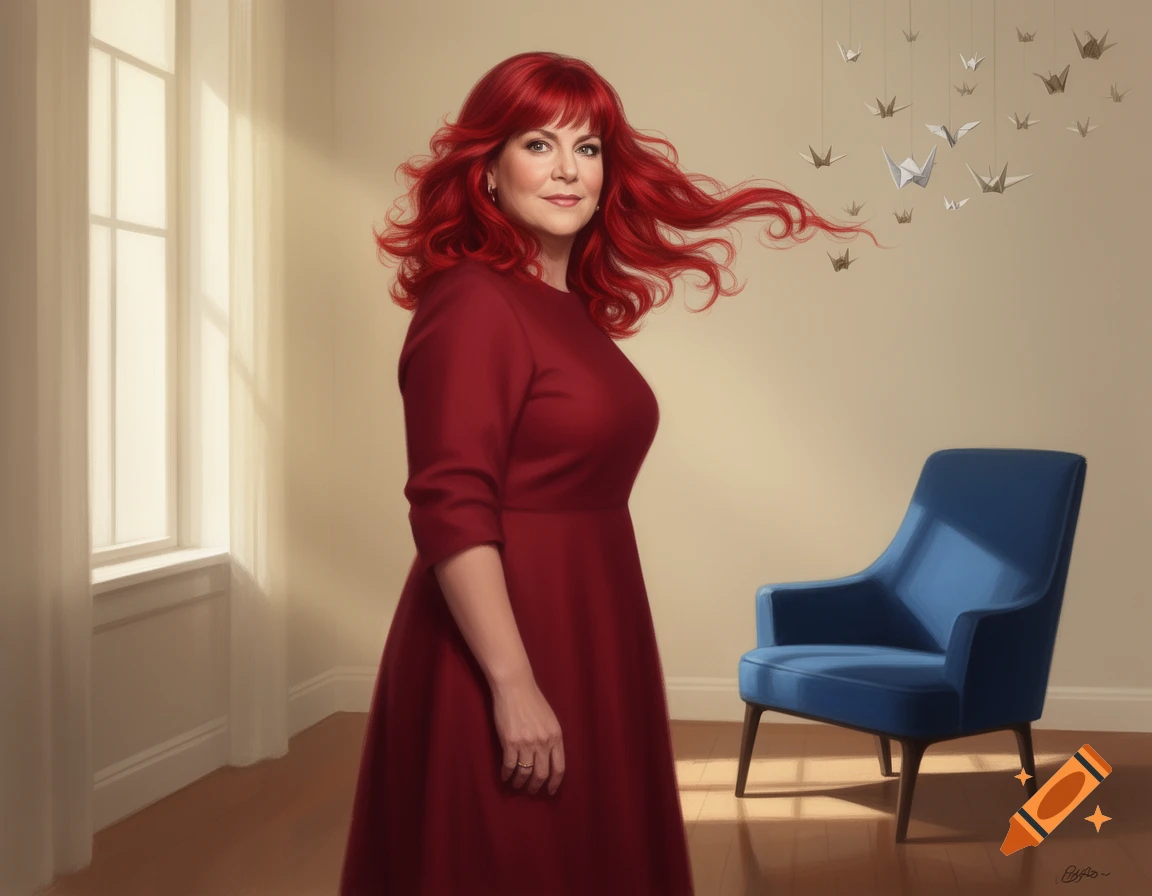 A woman with vibrant red, flowing hair and a red dress stands in a ...