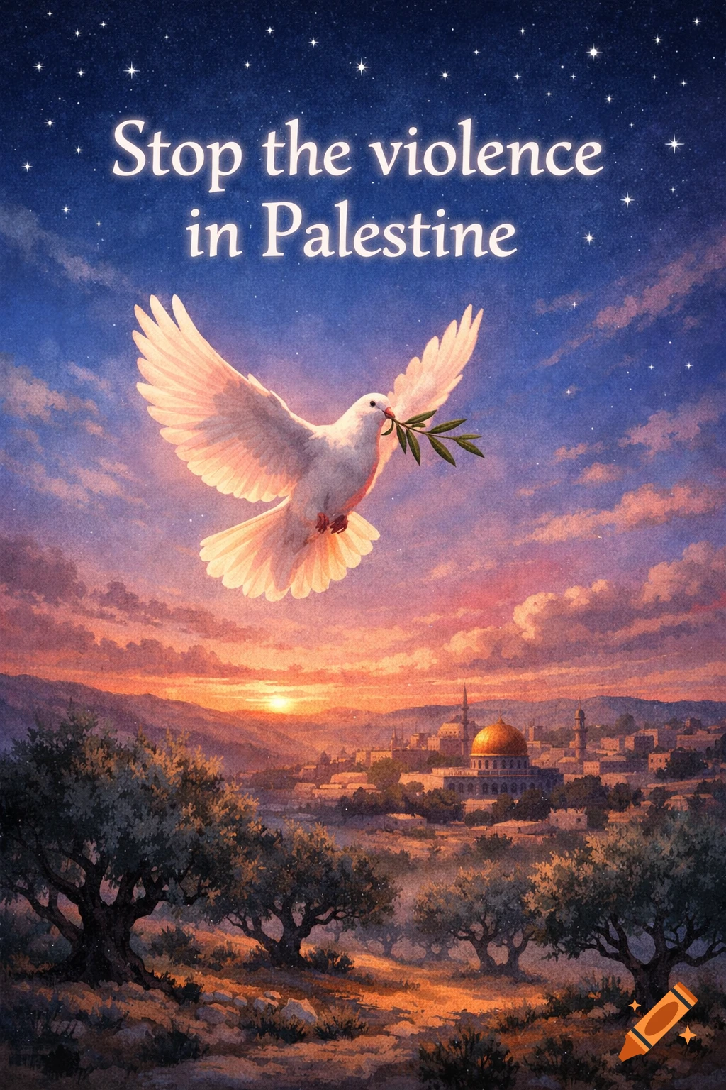 Painterly illustration of a white dove with an olive branch over a city with a golden dome at sunset. Starry sky with 'Stop the violence in Palestine'.