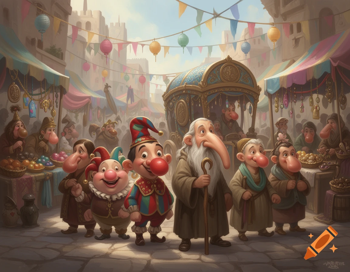 Whimsical illustration of cartoon characters with large noses walking through a vibrant, bustling marketplace under colorful banners.